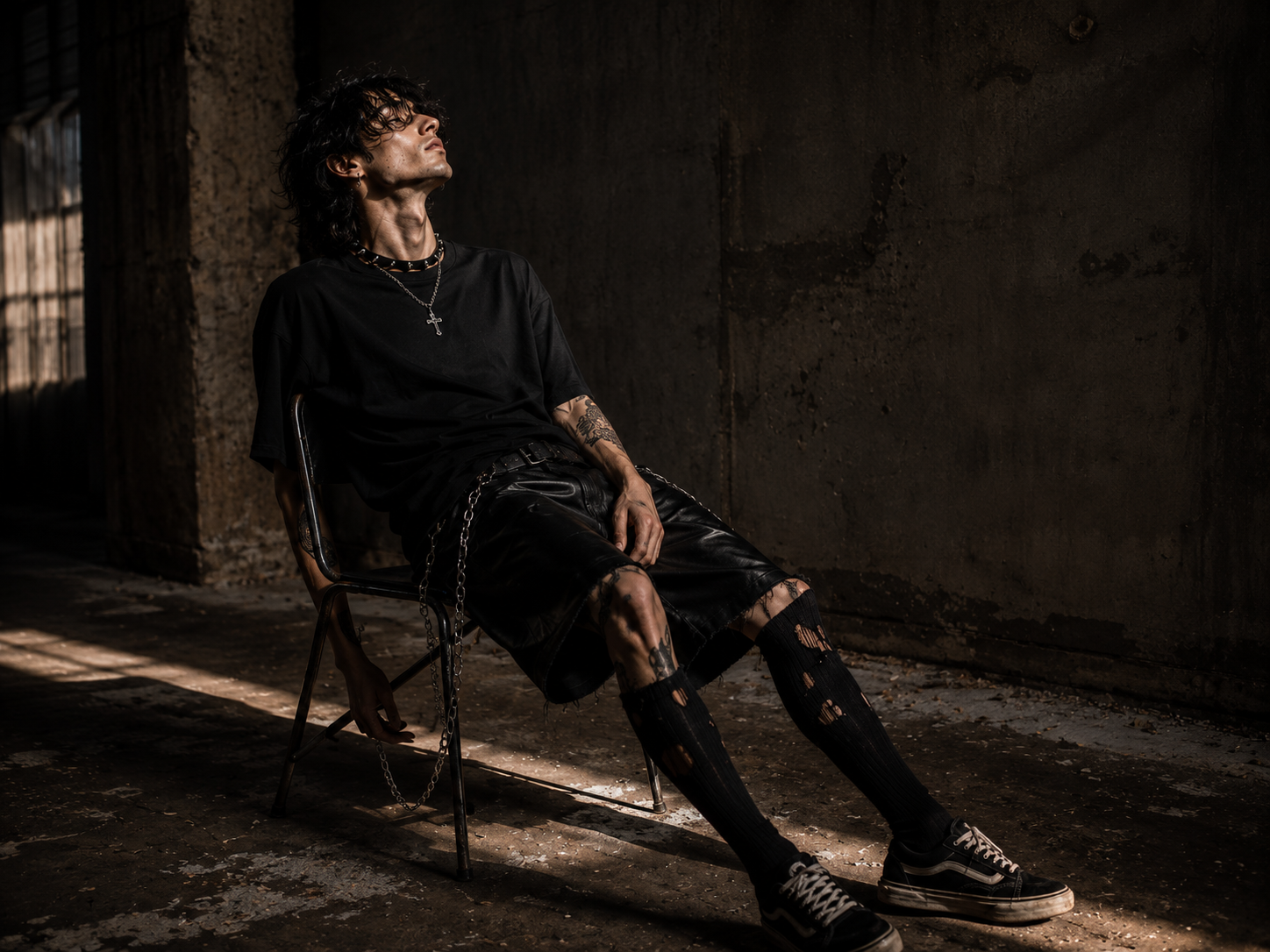 Modelo usando look negro Fatal sentado en una locación industrial